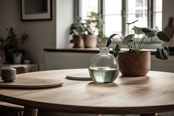 Tabletop vase with green plant. Minimalist Nordic kitchen with wooden and antique accents. Photograph. Homely. Generative AI