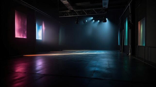 pink blue spotlights shine on stage floor in dark room, idea for background backdrop, music hall or studio, Generative Ai