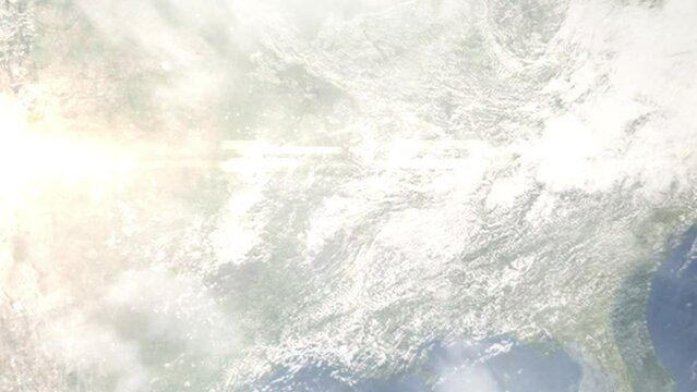 Earth zoom in from outer space to city. Zooming on Jacksonville, Arkansas, USA. The animation continues by zoom out through clouds and atmosphere into space. Images from NASA