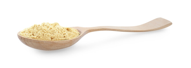 Wooden spoon with aromatic mustard powder on white background