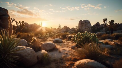 Sunset in Joshua Tree National Park, California, United States.Generative Ai - obrazy, fototapety, plakaty