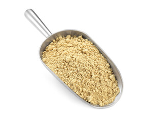 Aromatic mustard powder in scoop on white background