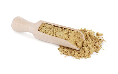 Wooden scoop with aromatic mustard powder on white background