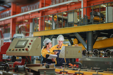 Fototapeta premium two young engineer assistant in helmet inspection check heavy machine construction installation industrial metal roof roll sheet factory. colleague friend worker point finger check operation factory