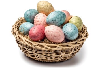wicker basket overflowing with vibrant Easter eggs. Generative AI