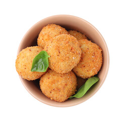 Bowl with delicious fried tofu balls and basil on white background, top view