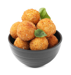 Bowl with delicious fried tofu balls and basil on white background