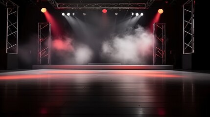 red, spotlights shine on stage floor in dark room, idea for background backdrop, music hall or studio, Generative Ai