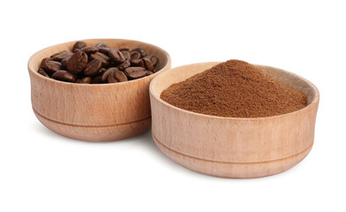 Bowls of ground coffee and beans on white background