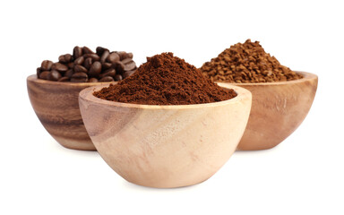 Bowls of beans, instant and ground coffee on white background