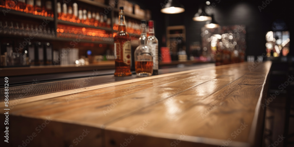 Poster an empty wooden counter table top for product display in a pub or bar. generative ai