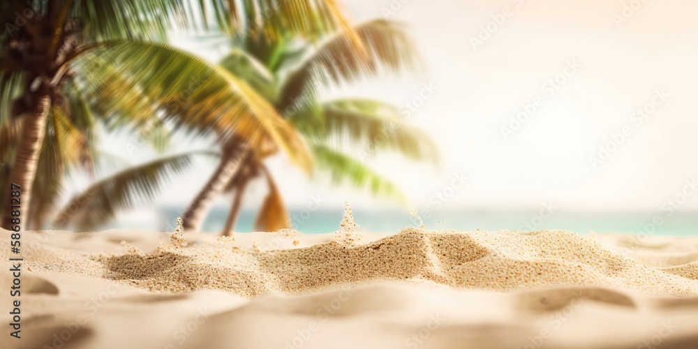 Poster palm trees on the sand.colorful summer template. concept of recreation. generative ai