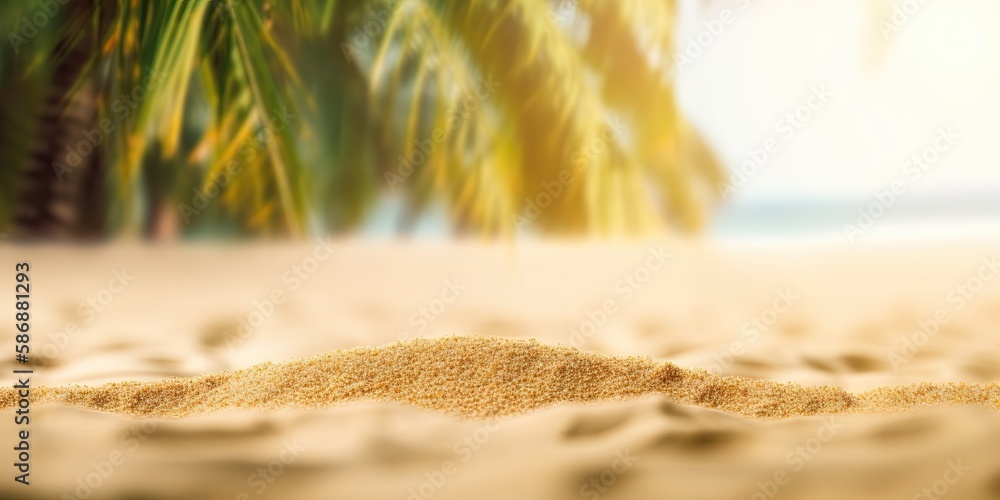 Poster palm trees on the sand.colorful summer template. concept of recreation. generative ai