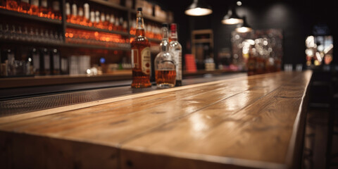An empty wooden counter table top for product display in a pub or bar. Generative ai