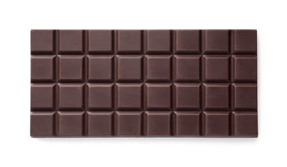 Delicious dark chocolate bar isolated on white, top view