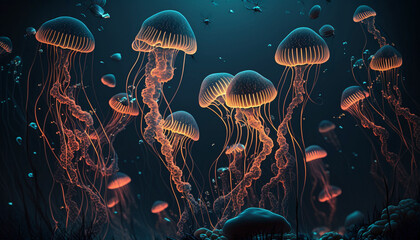 Fototapeta na wymiar Not based on any actual scene or pattern glowing sea jelly fish .Generative AI.