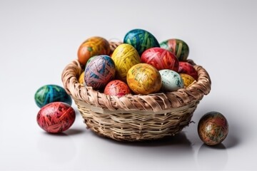 basket filled with vibrant painted Easter eggs. Generative AI