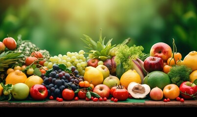 Assortment of fresh organic fruits and vegetables. The background is a blurred green garden. Generative AI.