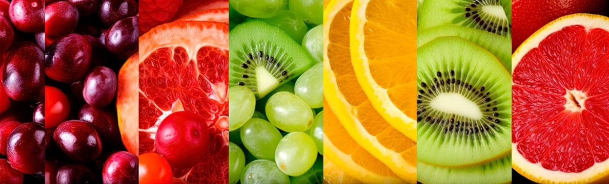 Close-up of sliced fruits and vegetable collage. Generative AI.