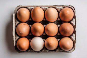 carton filled with farm fresh eggs in shades of brown and white. Generative AI