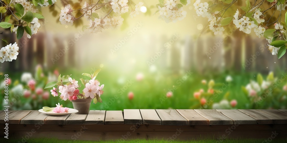 Poster Flowering trees with green grass and a wooden fence.Colorful summer template. Concept of recreation. Generative AI