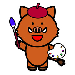 絵描きのイノシシ　イラスト