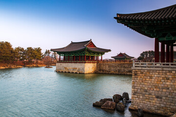 Donggung Palace and Wolji Pond in Banwolseong palace at sunset, Gyeongju, South Korea.