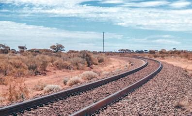 The historical Trans-Australian Railway extending through the outback area of South Australia near...