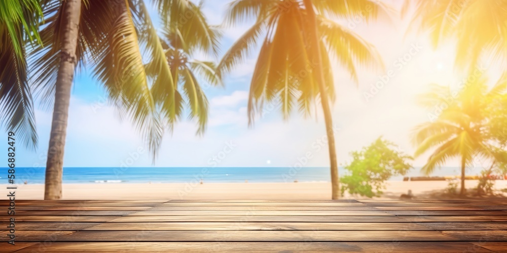 Poster summer landscape background with palm tree and sea.colorful summer template. concept of recreation. 