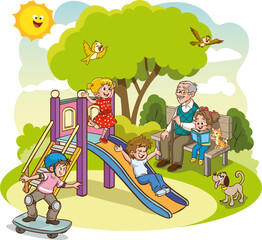 grandfather and kids playing in the playground cartoon vector 