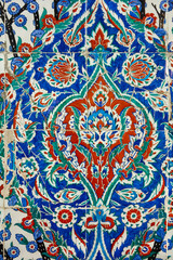 Iznik tiles detail in Topkapi palace. Ornate floral design. Turkey