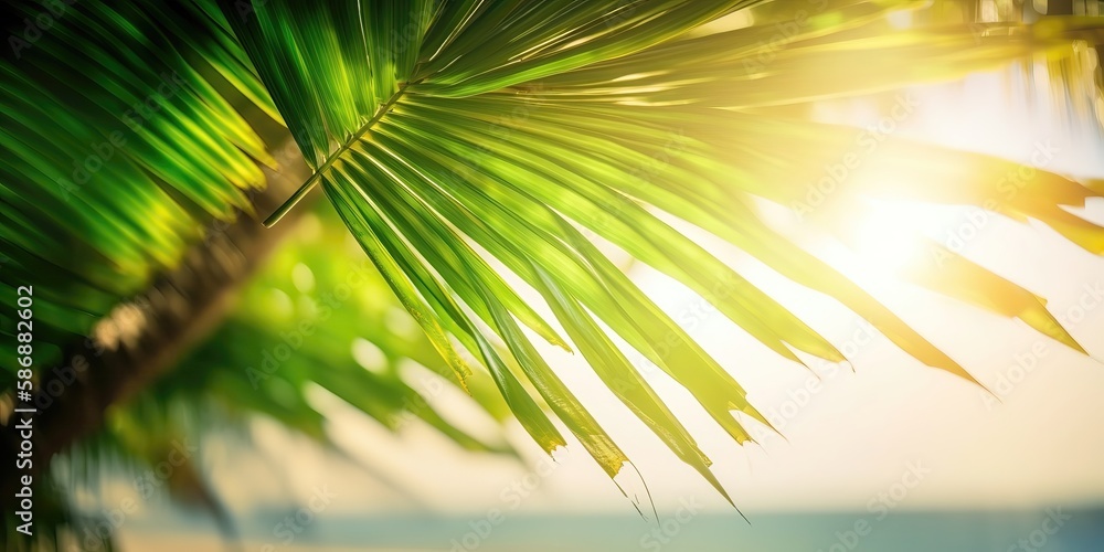 Poster summer picture of the sun's rays breaking through the leaves of a palm tree.colorful summer template