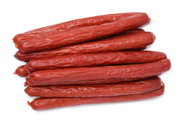 Delicious smoked sausages isolated on white, top view