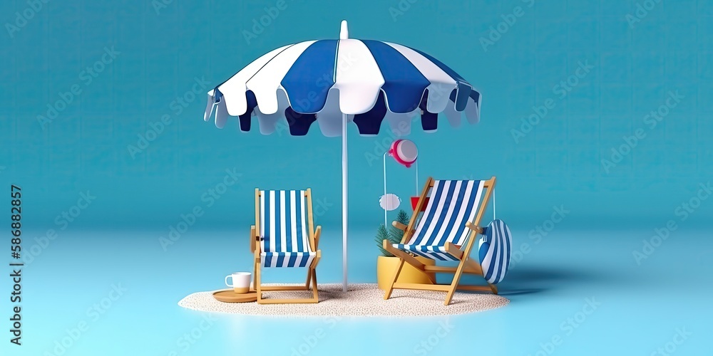 Poster Summer landscape of the seashore with colored lounge chairs, sun loungers with umbrellas from the sun.Colorful summer template. Concept of recreation. Generative AI