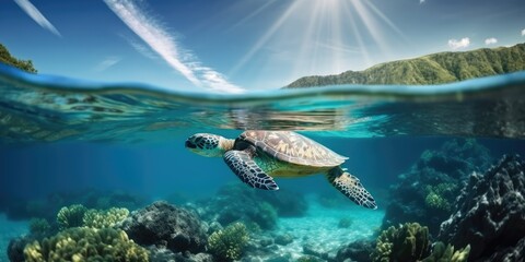 Meeresschildkröte schwimmt Unterwasser im Meer - Generative AI