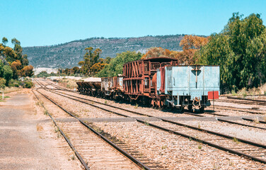 Fototapeta na wymiar Old-time trains parking on the Pichi Richi Railway in Quorn train station