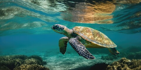 Obraz premium Meeresschildkröte schwimmt Unterwasser im Meer - Generative AI