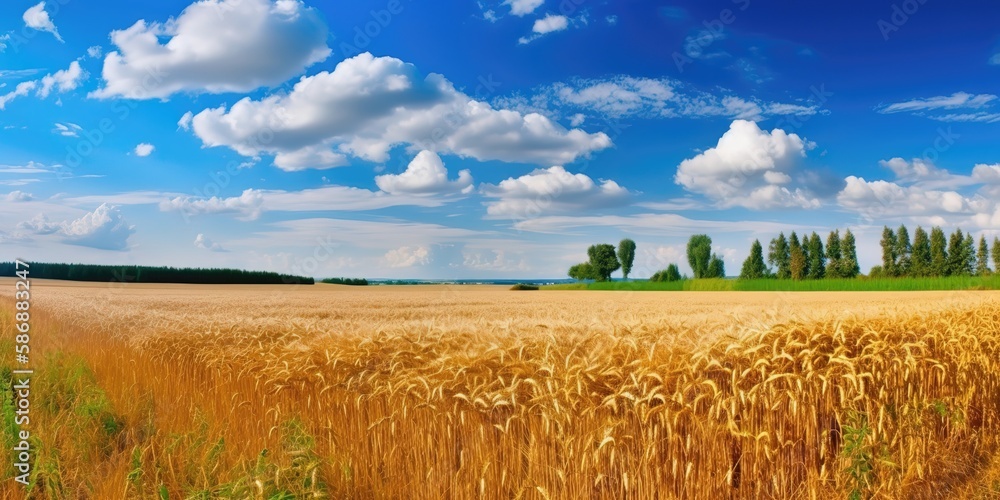 Poster A summer landscape with a blue sky with white clouds and a golden field with wheat.Colorful summer template. Concept of recreation. Generative AI