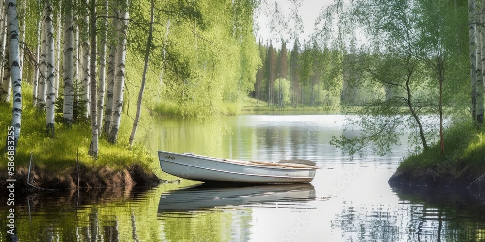 Poster summer painting of a river with a forest around and a wooden spoon.colorful summer template. concept
