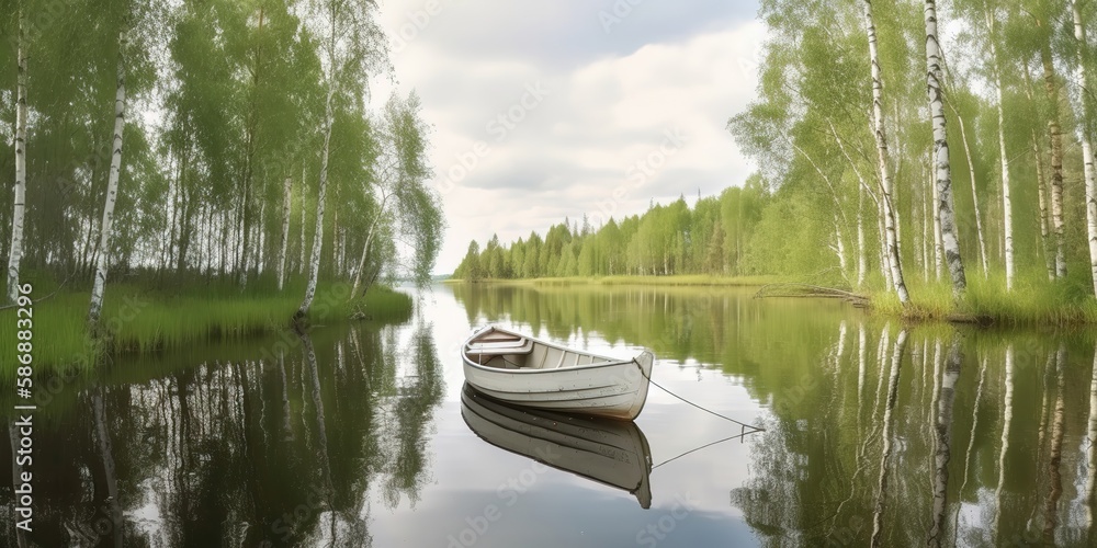 Poster summer painting of a river with a forest around and a wooden spoon.colorful summer template. concept
