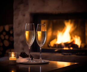 generative ai illustration of 2 champagne glasses on glass table in front of cozy fireplace with fire