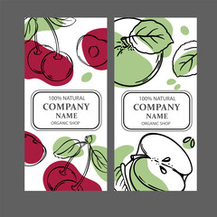 CHERRY AND APPLE Label Templates Design Of Stickers For Shop Of Tropical Organic Natural Fresh Juicy Fruits And Dessert Drinks In Vintage Vector Collection