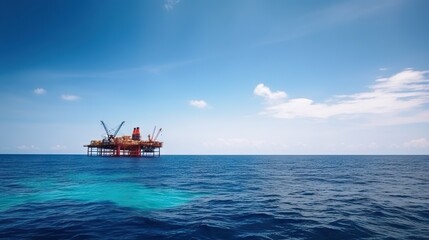 Obraz premium Oil rig in the sea on a sunny day with blue sky. Offshore oil drilling. Generative AI
