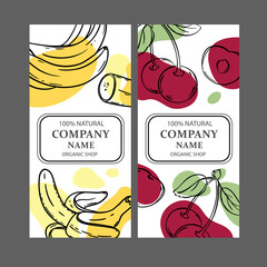 CHERRY AND BANANA Label Templates Design Of Stickers For Shop Of Tropical Organic Natural Fresh Juicy Fruits And Dessert Drinks In Vintage Vector Collection