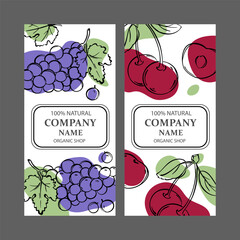 CHERRY AND GRAPE Label Templates Design Of Stickers For Shop Of Tropical Organic Natural Fresh Juicy Fruits Wine And Dessert Drinks In Vintage Vector Collection
