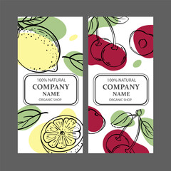 CHERRY AND LEMON Label Templates Design Of Stickers For Shop Of Tropical Organic Natural Fresh Juicy Fruits And Dessert Drinks In Vintage Vector Collection