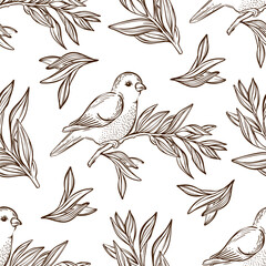 WARBLER ON BRANCH SKETCH Monochrome Hand Drawn In Chinese And Japanese Styles Cartoon Sitting Songbird Seamless Pattern Vintage Coloring Vector Illustration