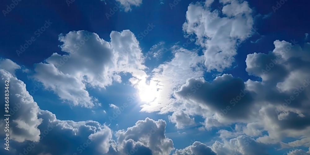 Poster cloudy sky with sun rays.colorful summer template. concept of recreation. generative ai