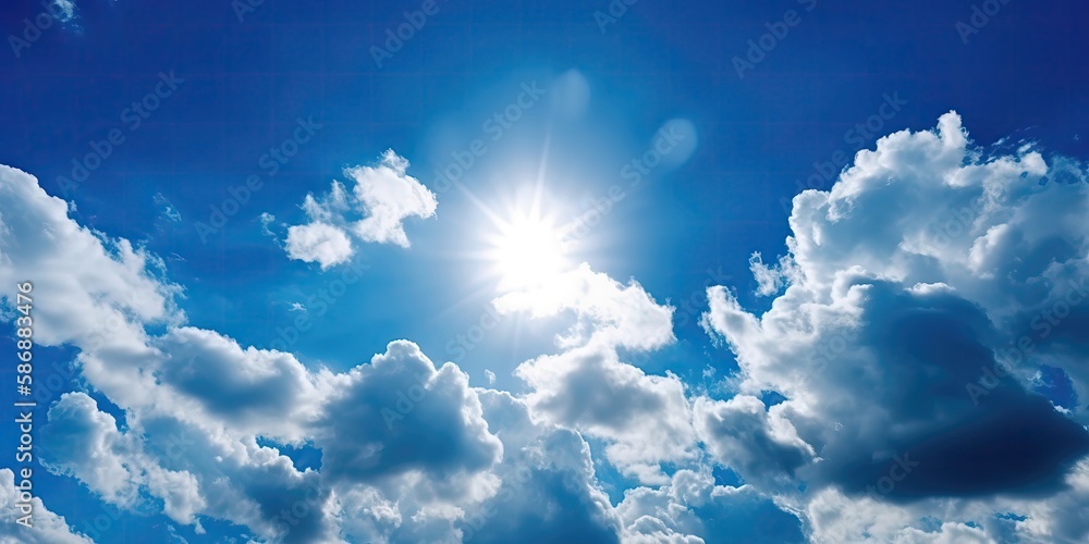 Poster Cloudy sky with sun rays.Colorful summer template. Concept of recreation. Generative AI