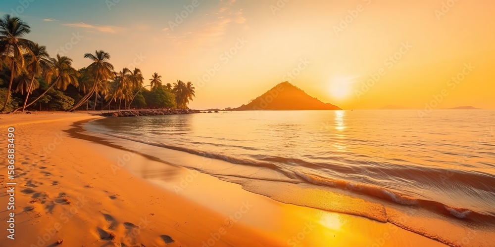 Poster summer landscape of a sunny day on the beach with waves from the sea.colorful summer template. conce